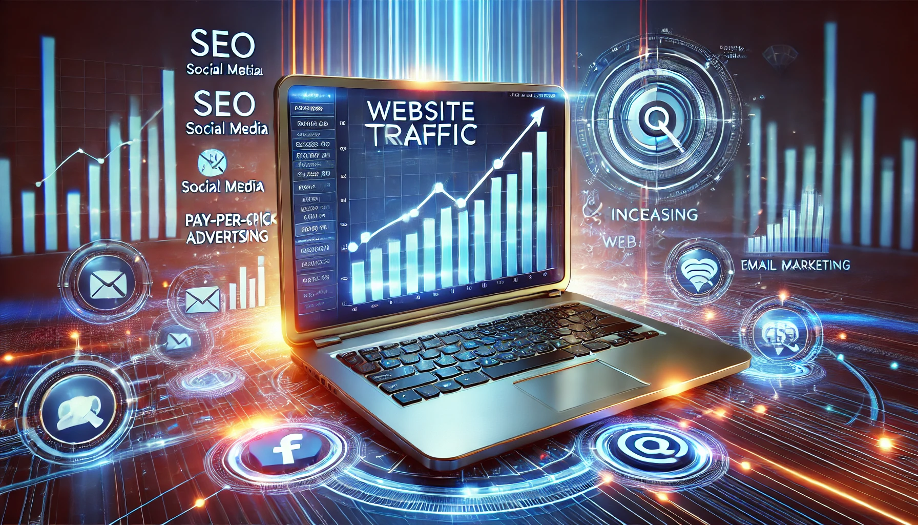 A modern digital marketing concept illustrating website traffic management. The image features a laptop screen displaying an analytics dashboard