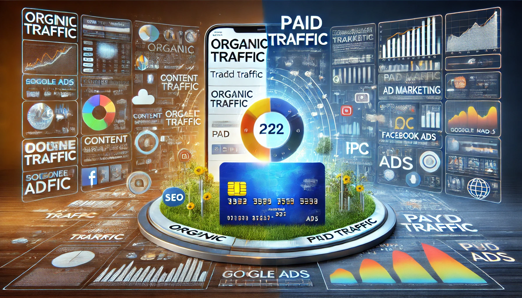 A digital marketing concept illustrating organic vs. paid traffic. The image features a split-screen design_ on the left, an organic traffic