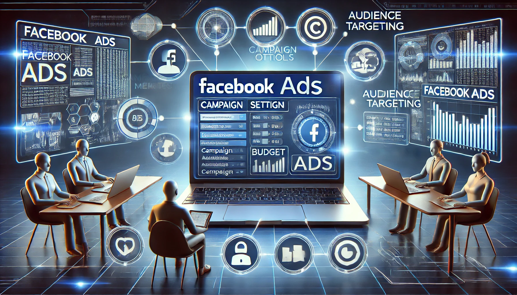 digital marketing concept illustrating Facebook Ads campaign setup. The image features a laptop screen displaying Facebook Ads Manager with campaign